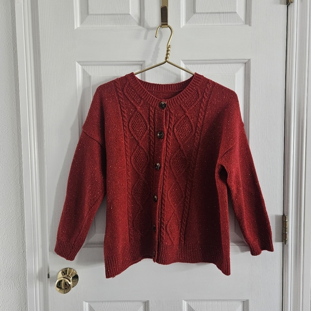 Vintage Red Wool Blend Cable Knit Cardigan With Flecked Design